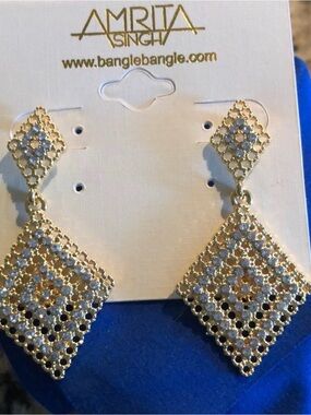 Amrita Singh Gold Filigree Diamond-Shaped Drop Earrings with Clear Stones.